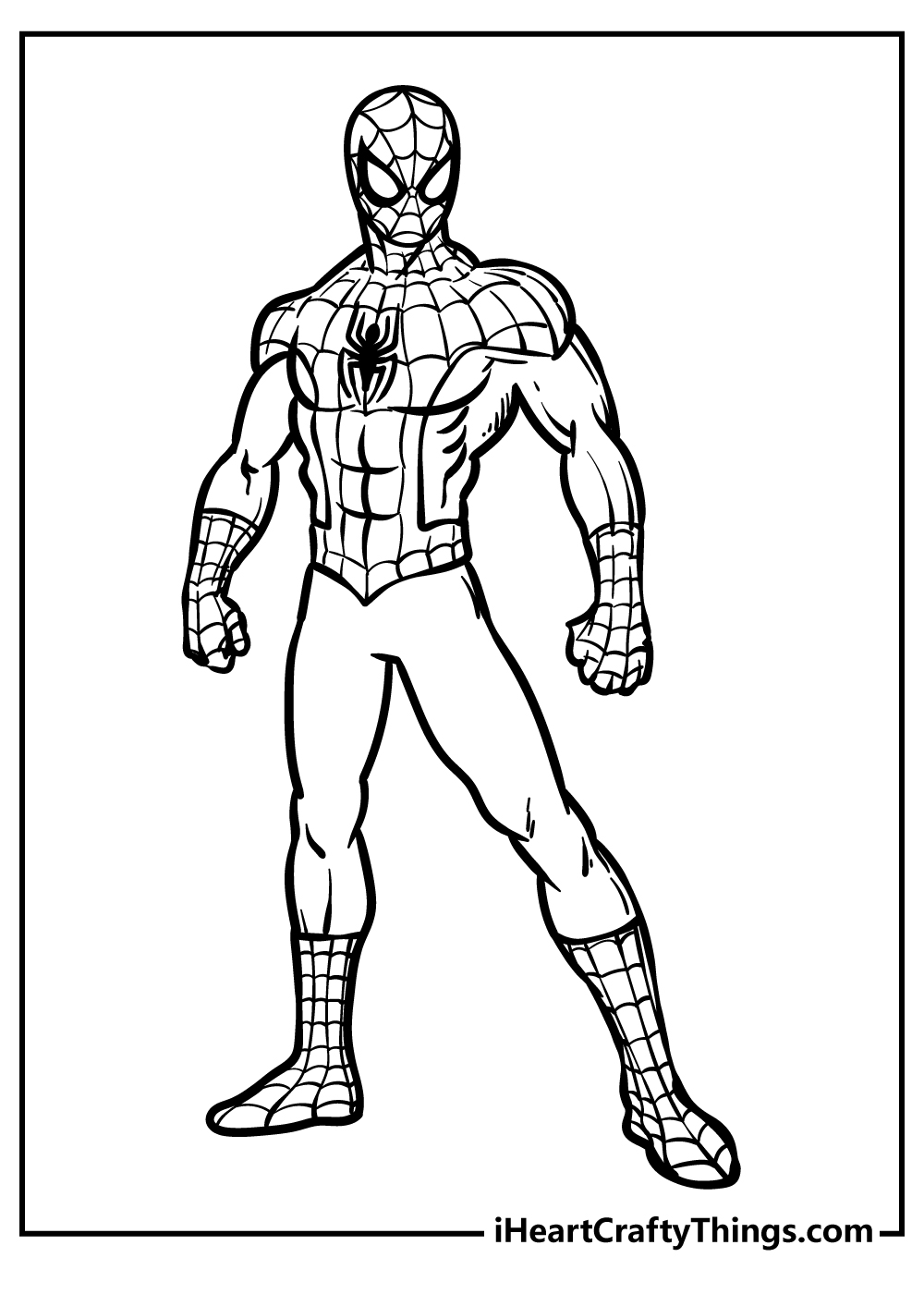 Strong and heroic Spider-Man standing tall coloring page for kids