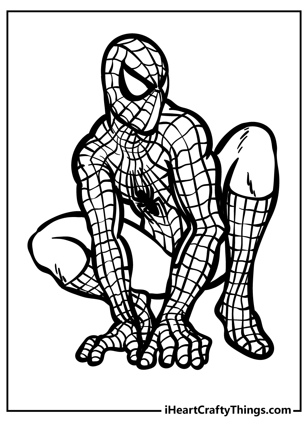 Crouching Spider-Man ready to leap coloring sheet for kids