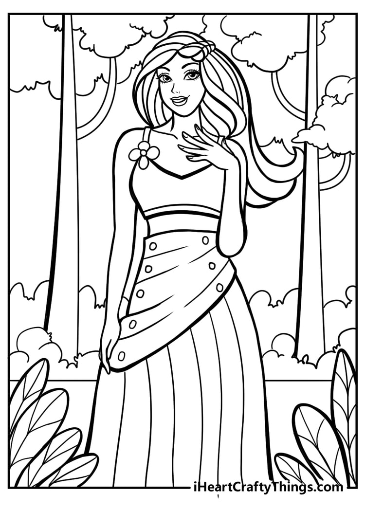 Barbie printable coloring page with nature background for kids