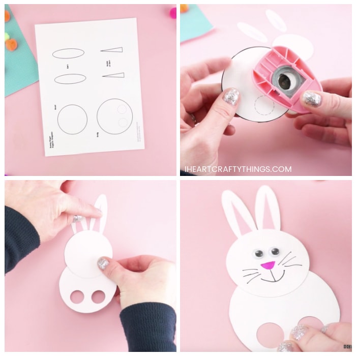 Four image collage showing the printed bunny finger puppets template and how to cut out the template and assemble it together.