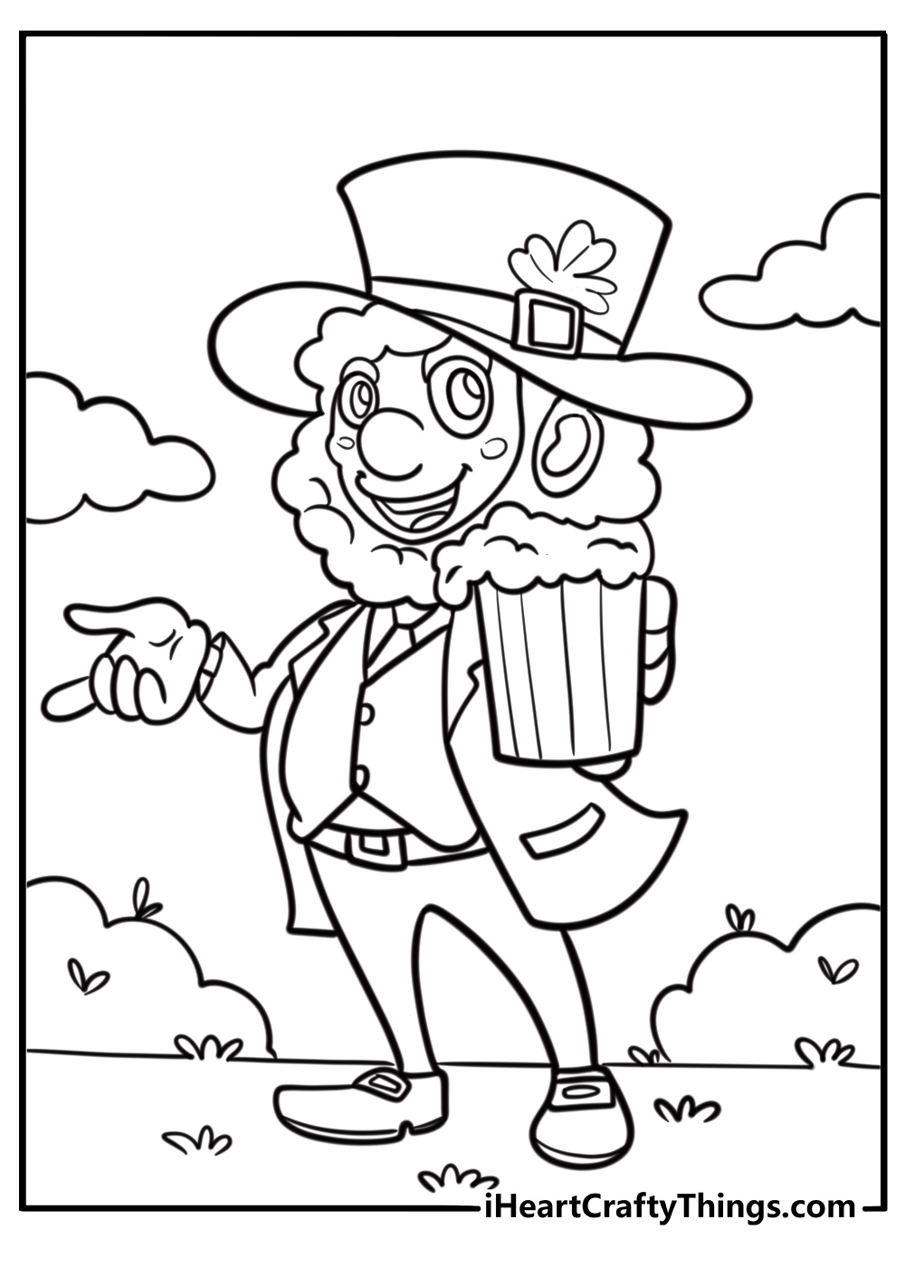 Cartoon leprechaun with a big hat and buckle coloring sheet