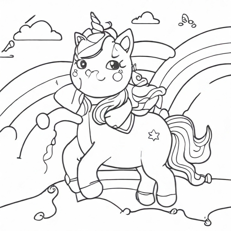 Cat riding a unicorn with a rainbow to color