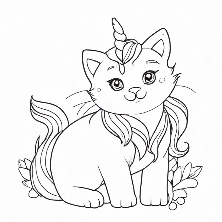 Coloring page of a unicorn cat