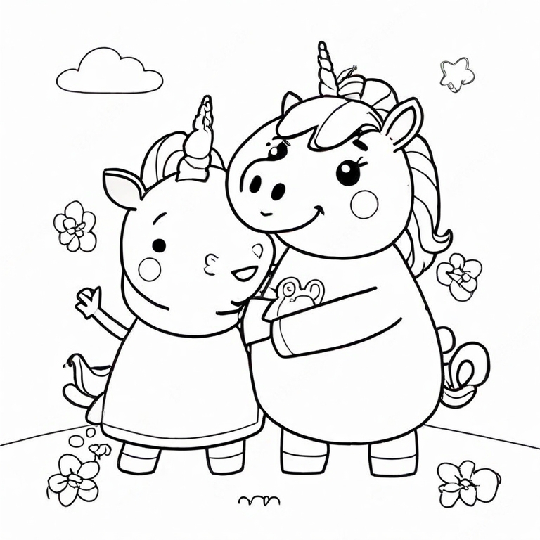 Coloring page of peppa pig and a unicorn