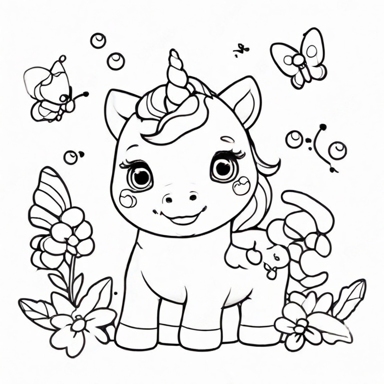 Baby unicorn with butterflies to color
