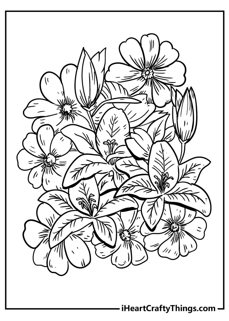 Printable floral bouquet coloring sheet with detailed flower designs