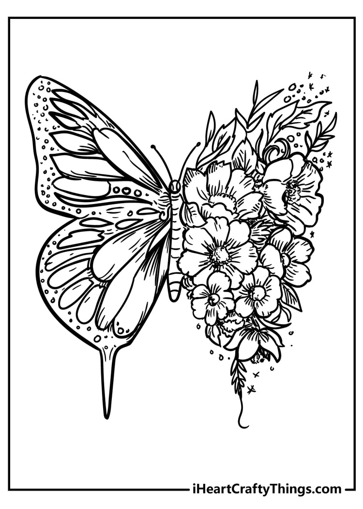 Butterfly and flower coloring page for kids free printable