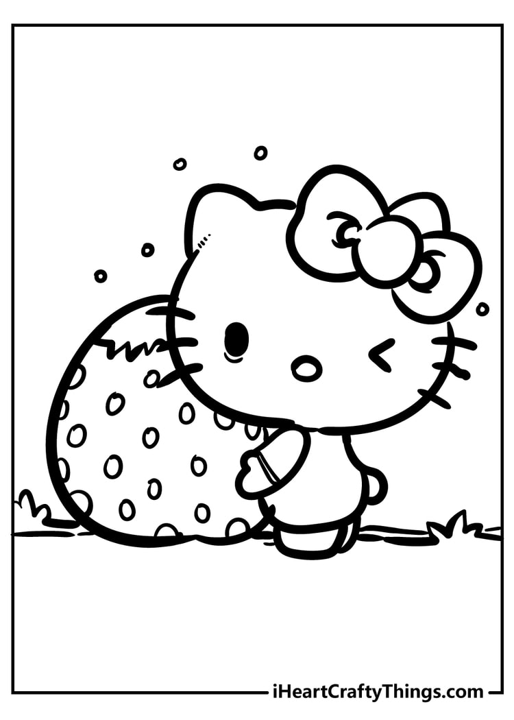 Hello Kitty with giant strawberry free coloring page