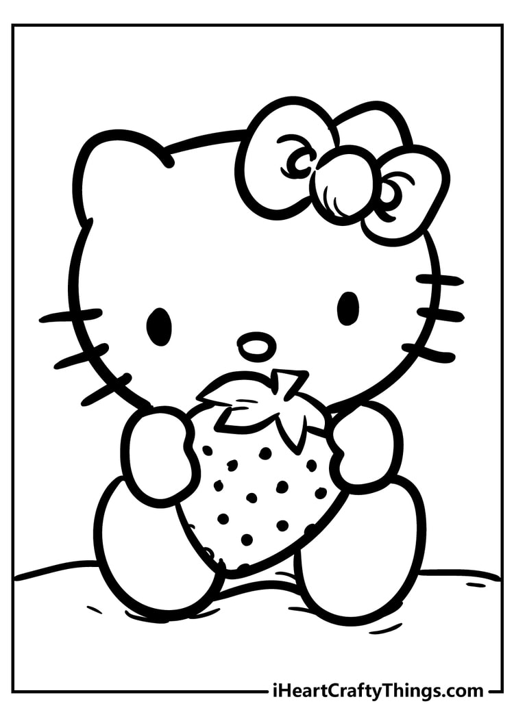 Hello Kitty holding strawberry kawaii coloring sheet for download