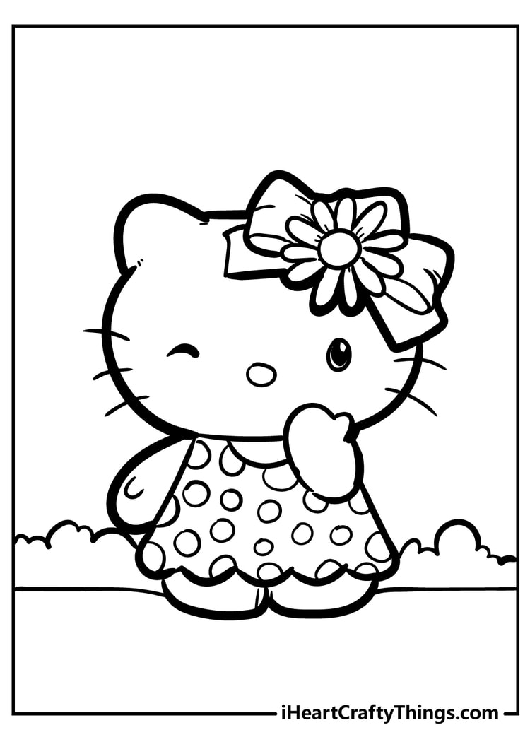 Hello Kitty standing with a heart shirt coloring page pdf free