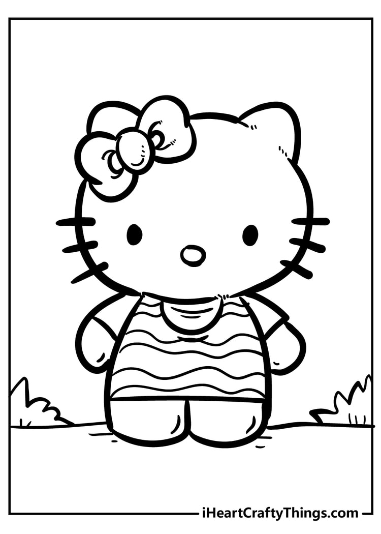 Hello Kitty standing in striped shirt coloring page for kids free