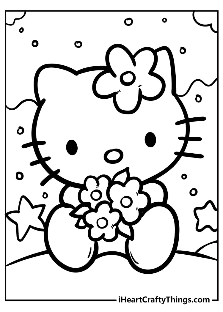 Hello Kitty with flowers kawaii coloring sheet for adults