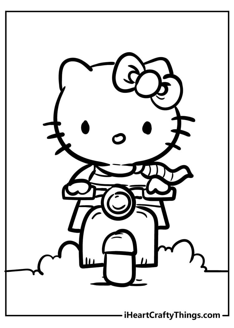 Hello Kitty riding scooter coloring sheet for kids