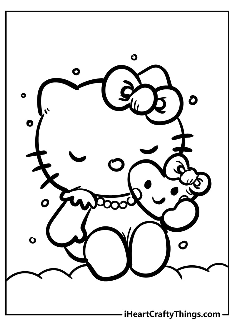 Hello Kitty cuddling heart pillow cute coloring page