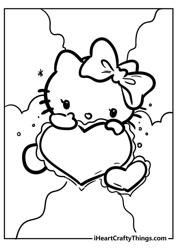 Hello Kitty holding heart kawaii coloring page printable