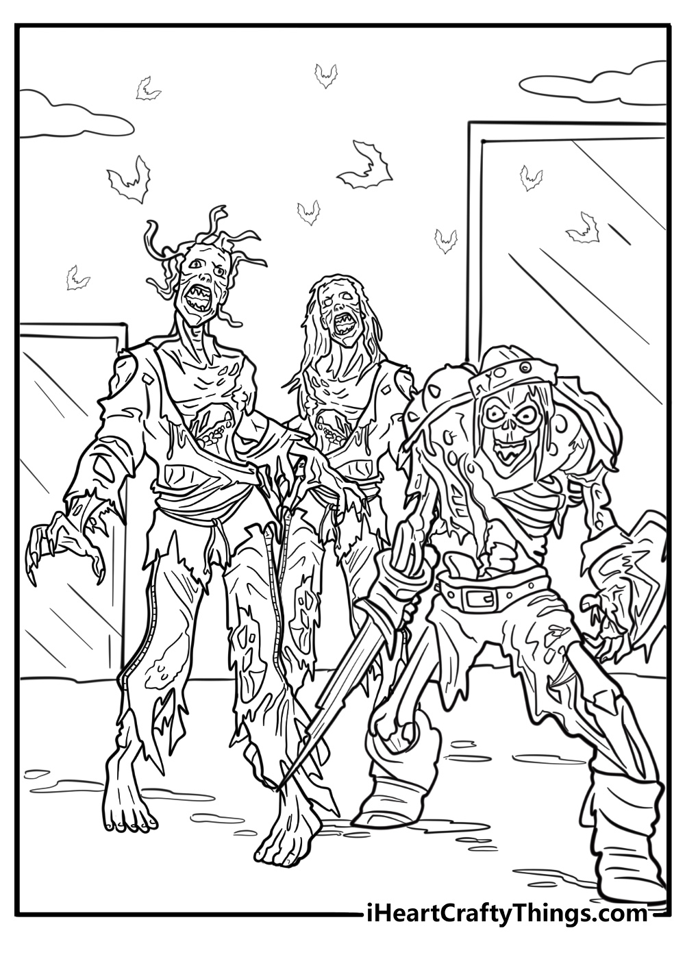 Horde of zombies slowly marching down an empty street