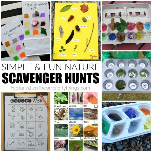 Fun and simple spring nature scavenger hunts for kids, color scavenger hunts for kids and free printable scavenger hunts for kids.