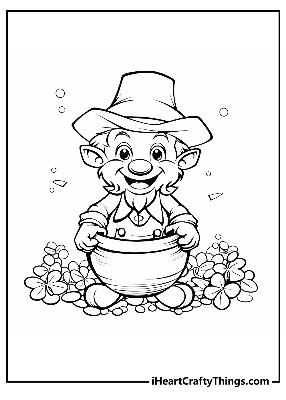 Free printable of a smiley leprechaun sitting in a pot of gold with clovers around it