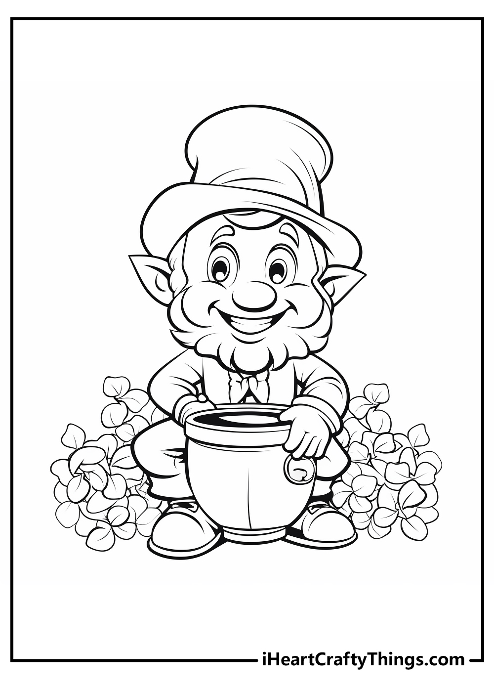 Coloring sheet to print of a leprechaun hiding behind some flowers holding a pot of gold
