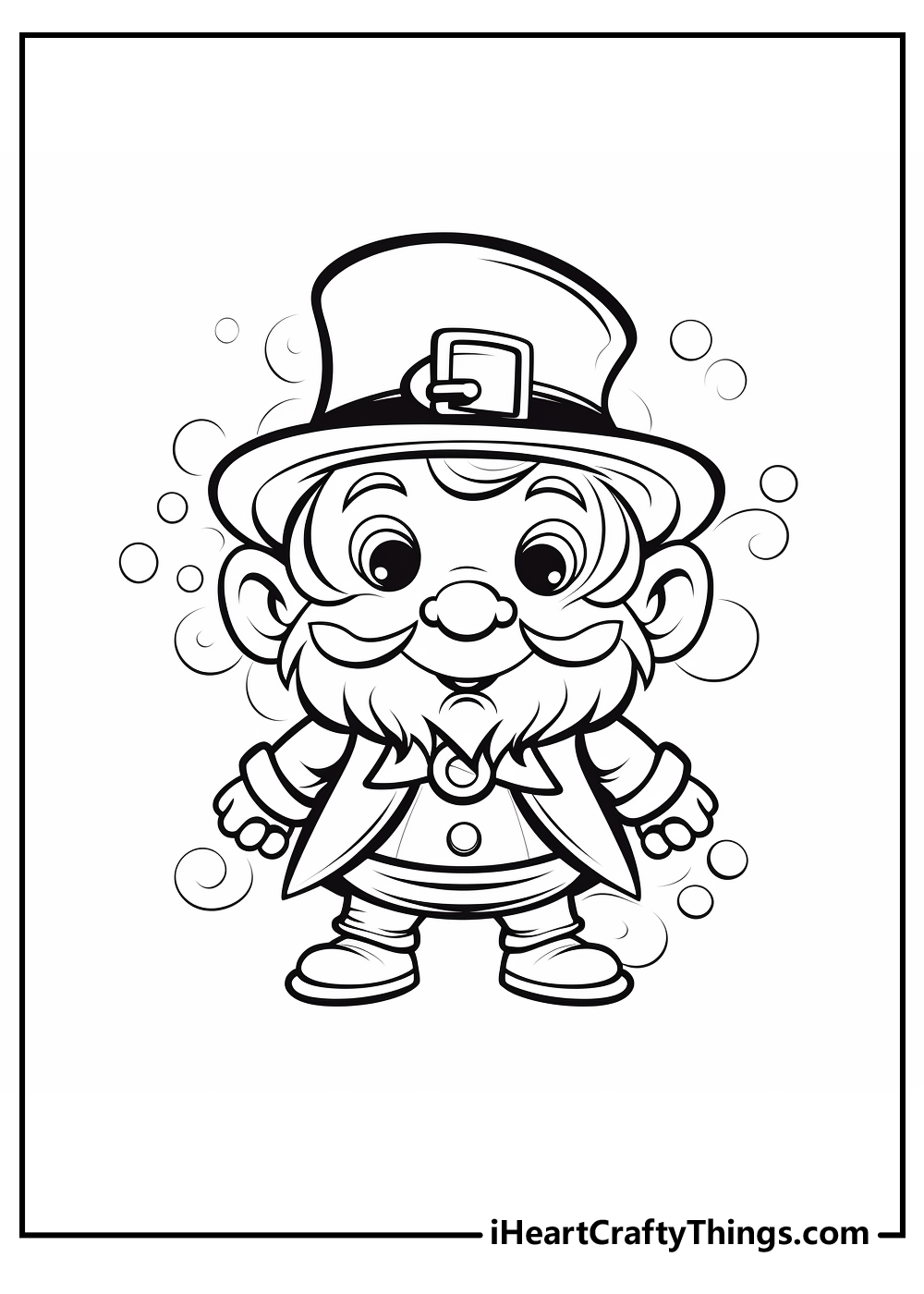 Picture of a standing leprechaun with hands by his side wearing signature hat and coat surrounded by bubbles