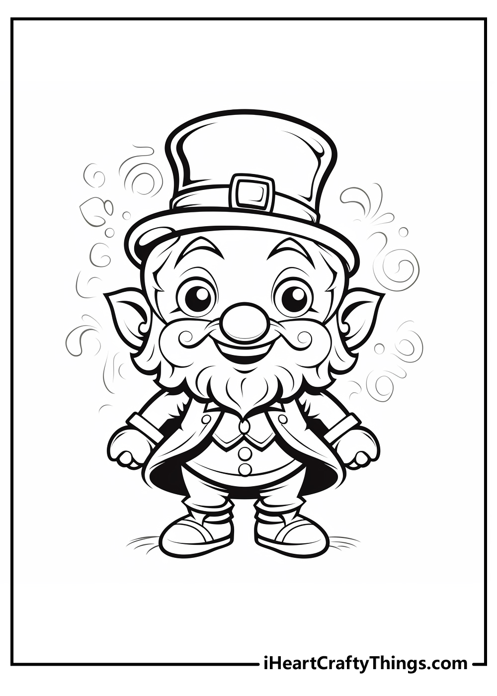 Coloring page featuring cheerful leprechaun with a big beard and mustache wearing buckled hat