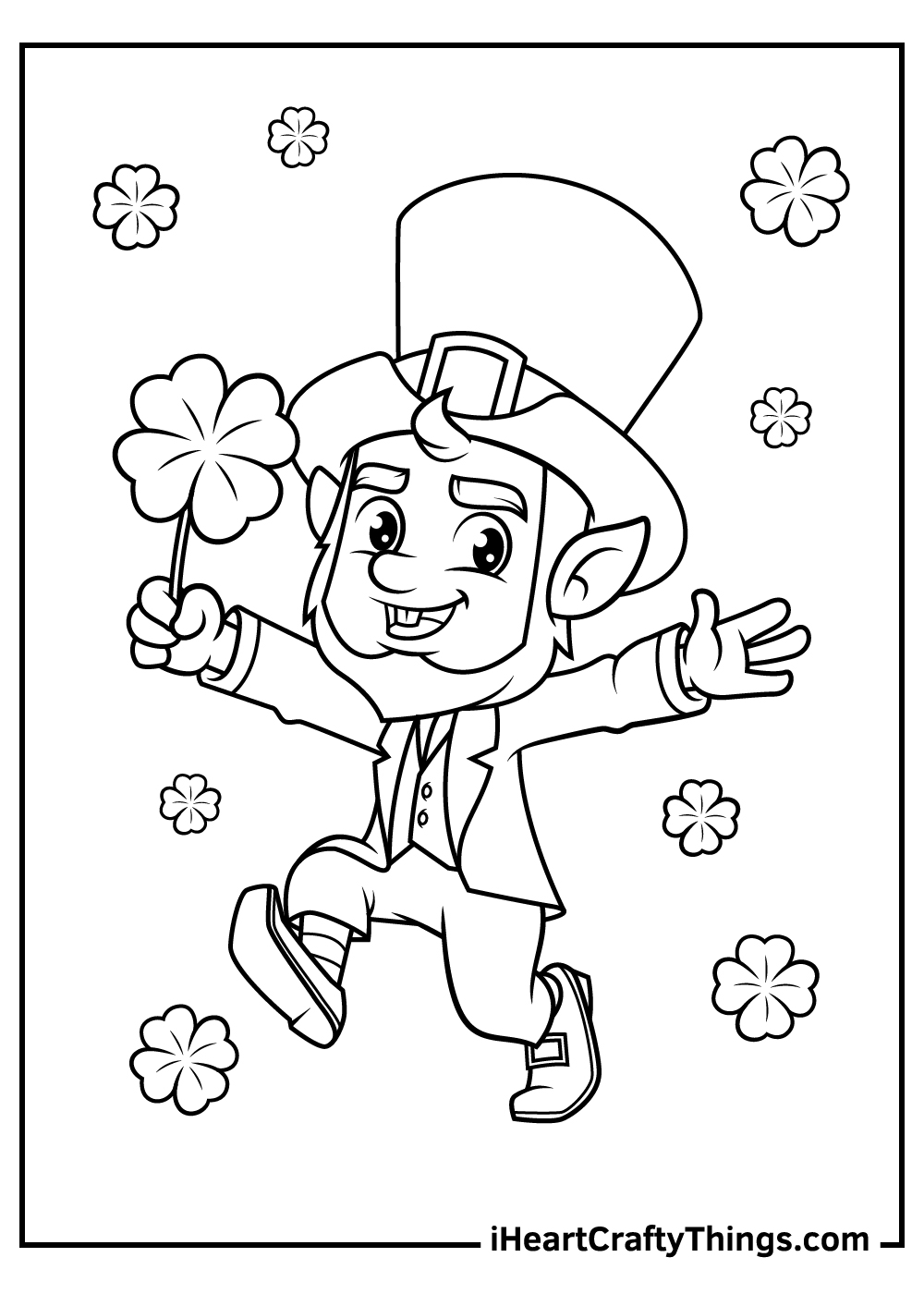 Free printable coloring page of a cheerful leprechaun with arms widely spread open holding clover