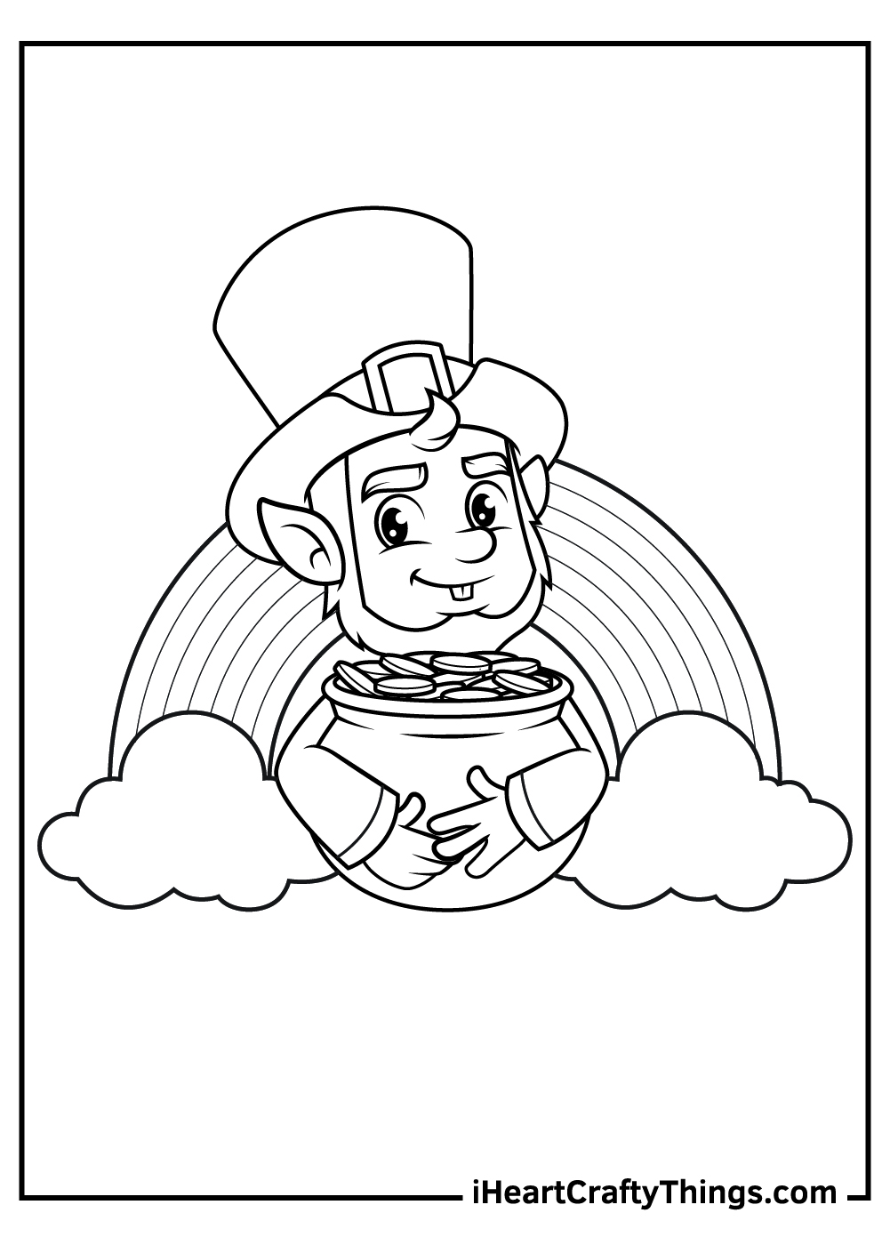 Printable pdf of leprechaun holding a pot of gold with rainbow in the background and a cloud in both ends of rainbow