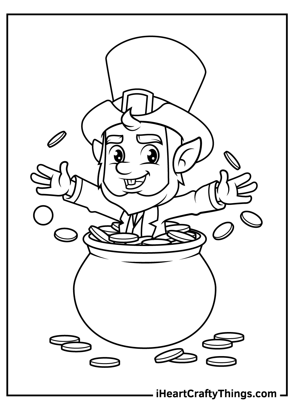 Leprechaun swimming in a huge pot filled with gold coins tossing coins around him printable pdf