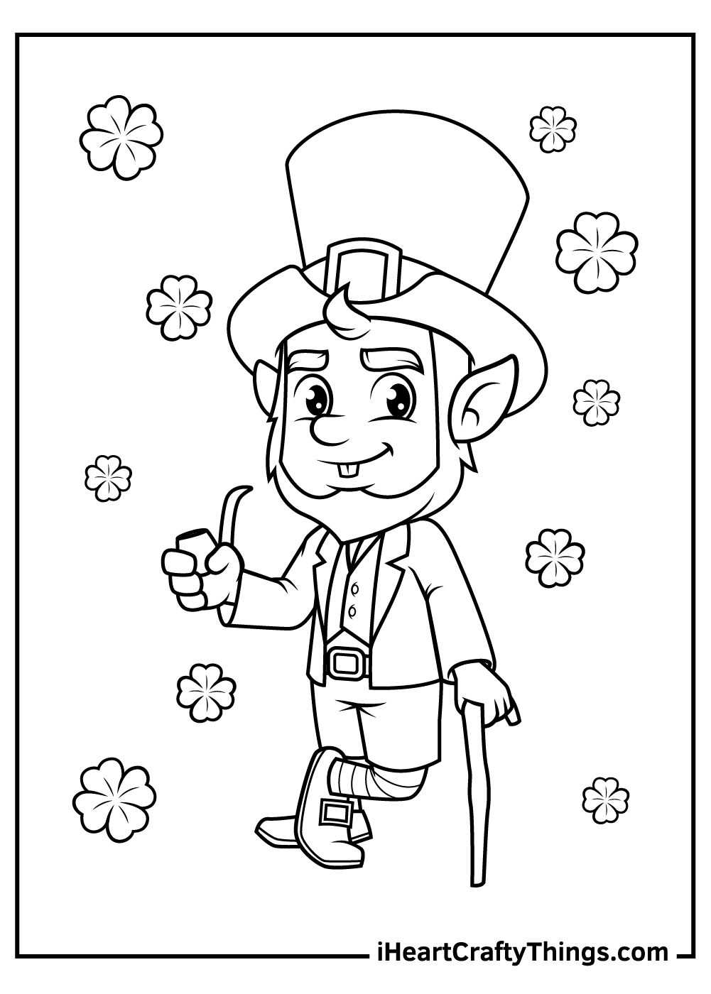 Printable pdf of a standing leprechaun holding a tobacco pipe and a wooden stick with clovers in the background