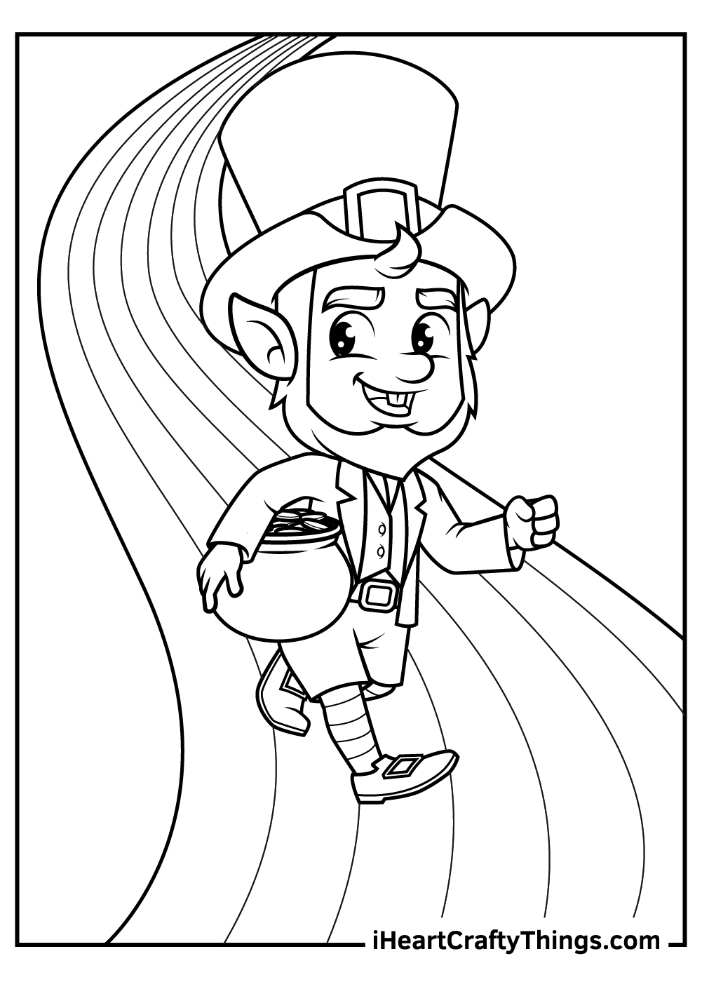 Printable sheet featuring leprechaun walking across the rainbow while carrying a pot filled with gold