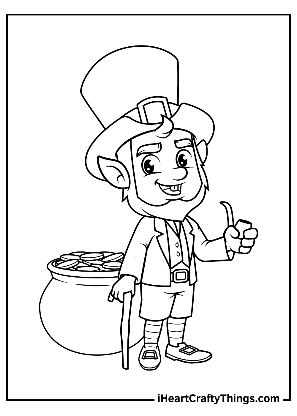 Printable sheet featuring standing leprechaun holding a tobacco pipe and a wooden stick with huge pot beside him