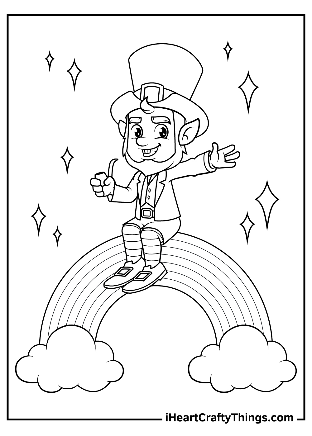 Happy leprechaun holding a tobacco pipe sat at the top of rainbow with a cloud in each end free coloring page