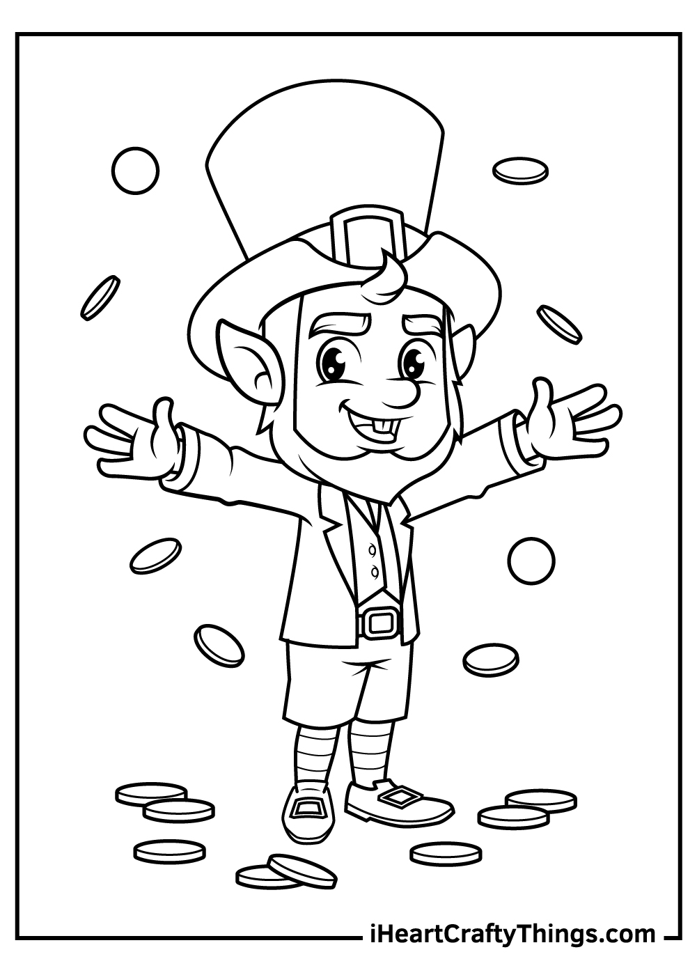 Standing leprechaun wearing a tall hat, coat and shorts throwing around gold coins coloring page to print