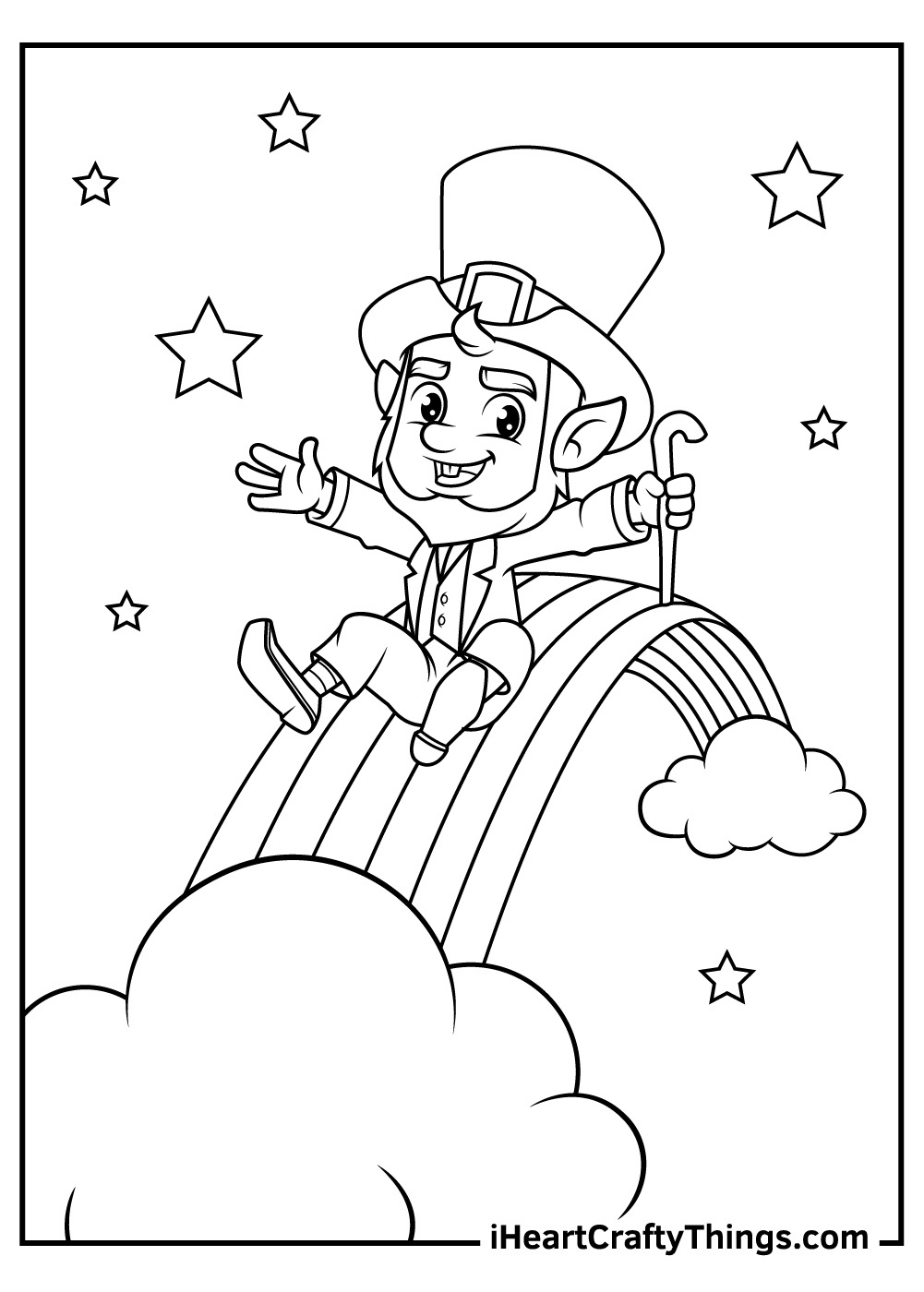 Coloring page of a cheerful leprechaun holding stick sliding across the rainbow with stars in the background