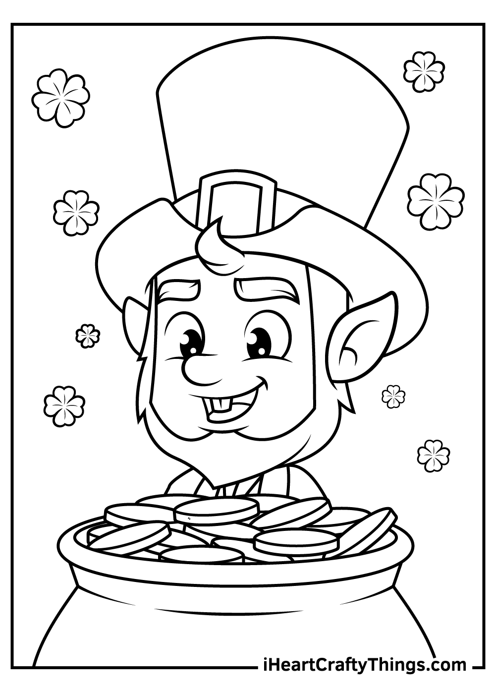 Printable pdf featuring a leprechaun fixated at the pot of gold coins with a huge grin on his face