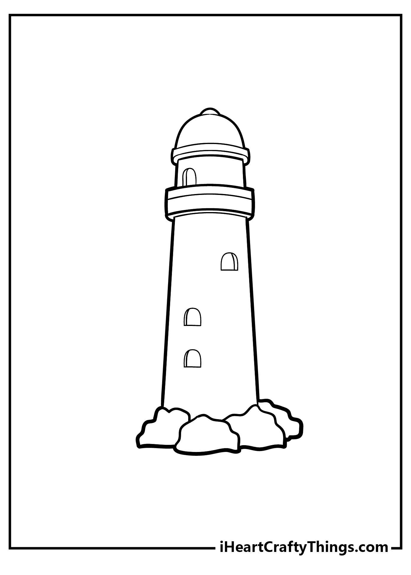 Coloring image for kids of a simple lighthouse with arched windows and some rocks at its base
