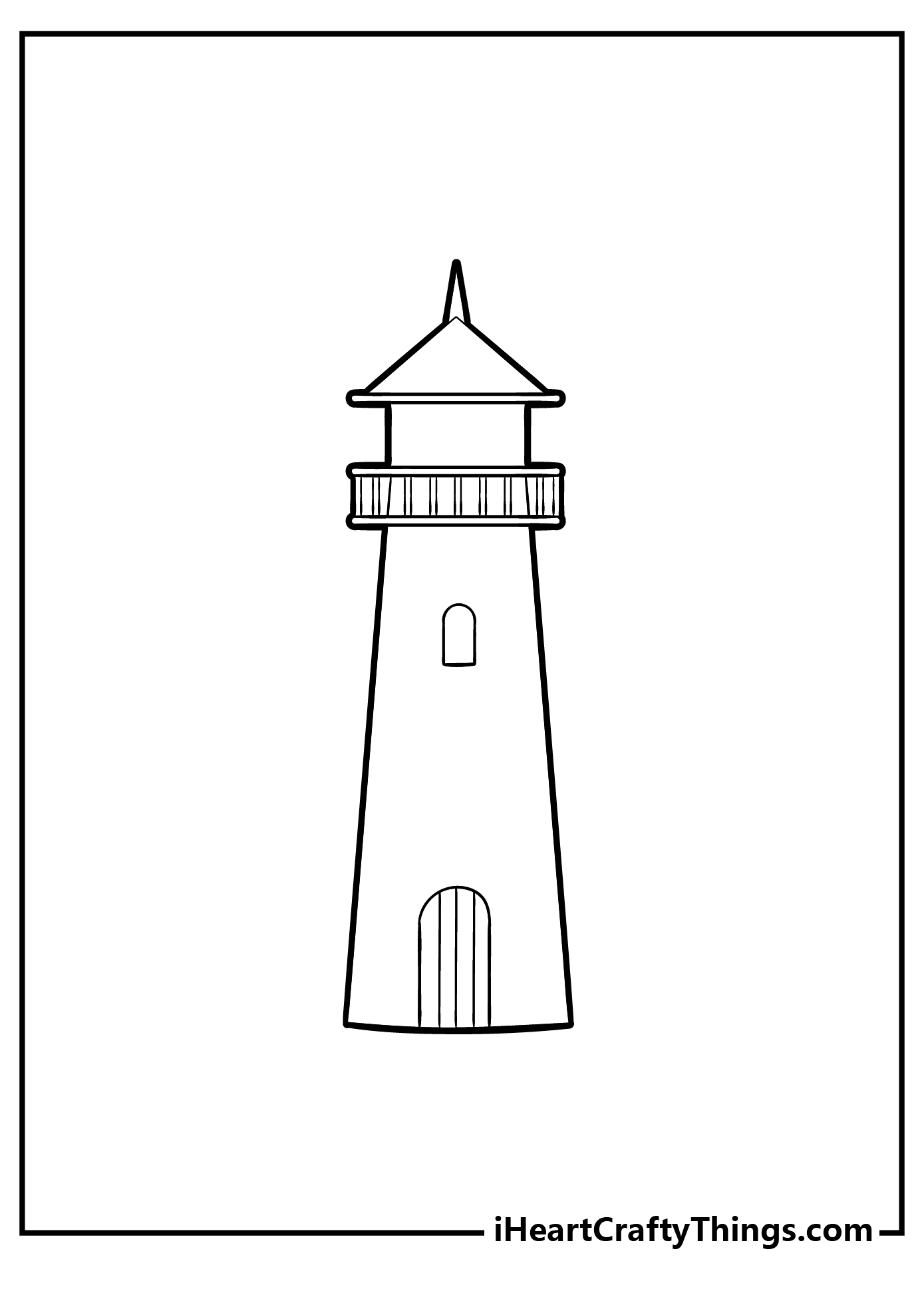 Printable page to color featuring old-fashioned lighthouse with arched wooden door and pointed top