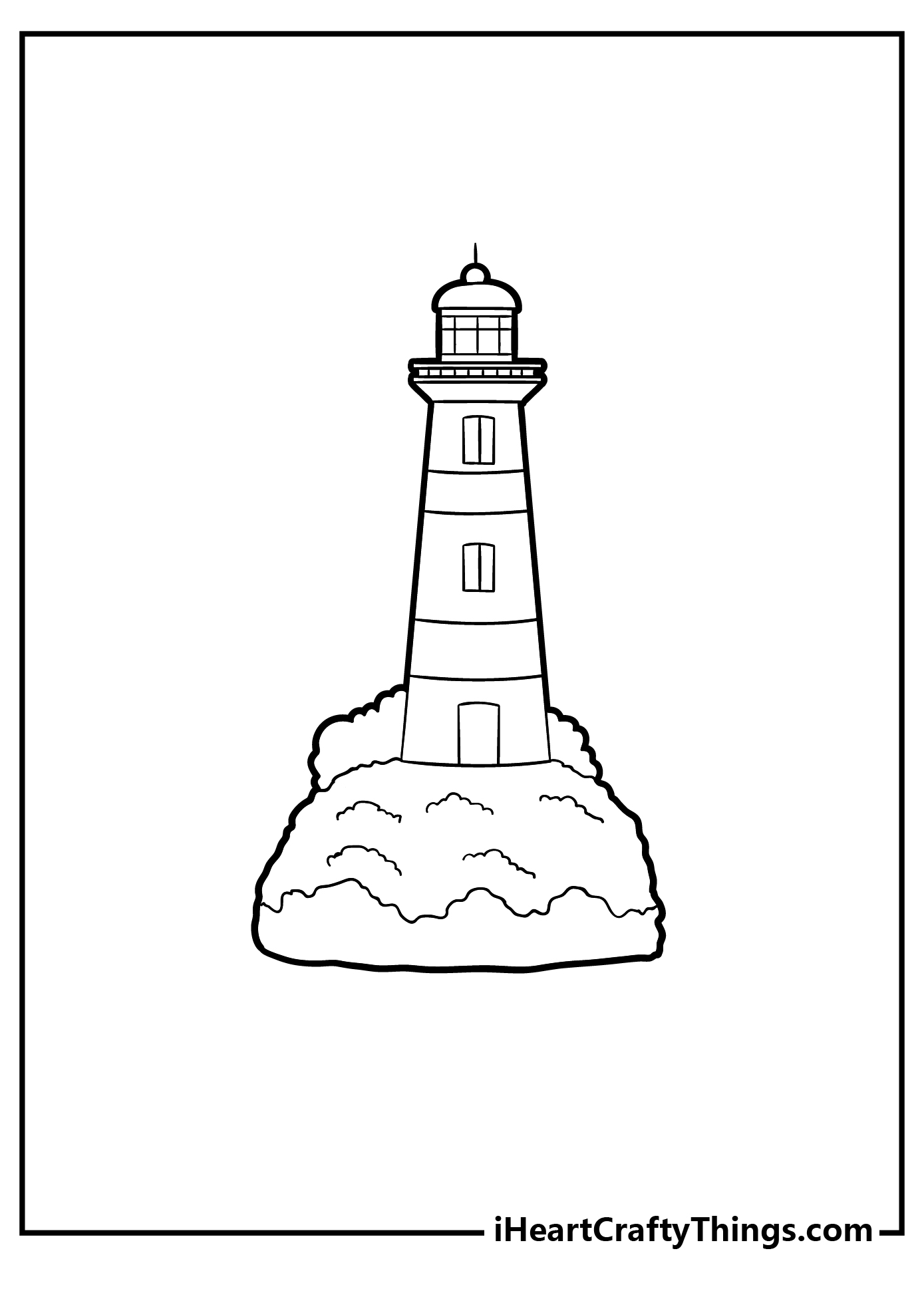 Marine-themed coloring page featuring lighthouse on a large rock full of bushes and grass