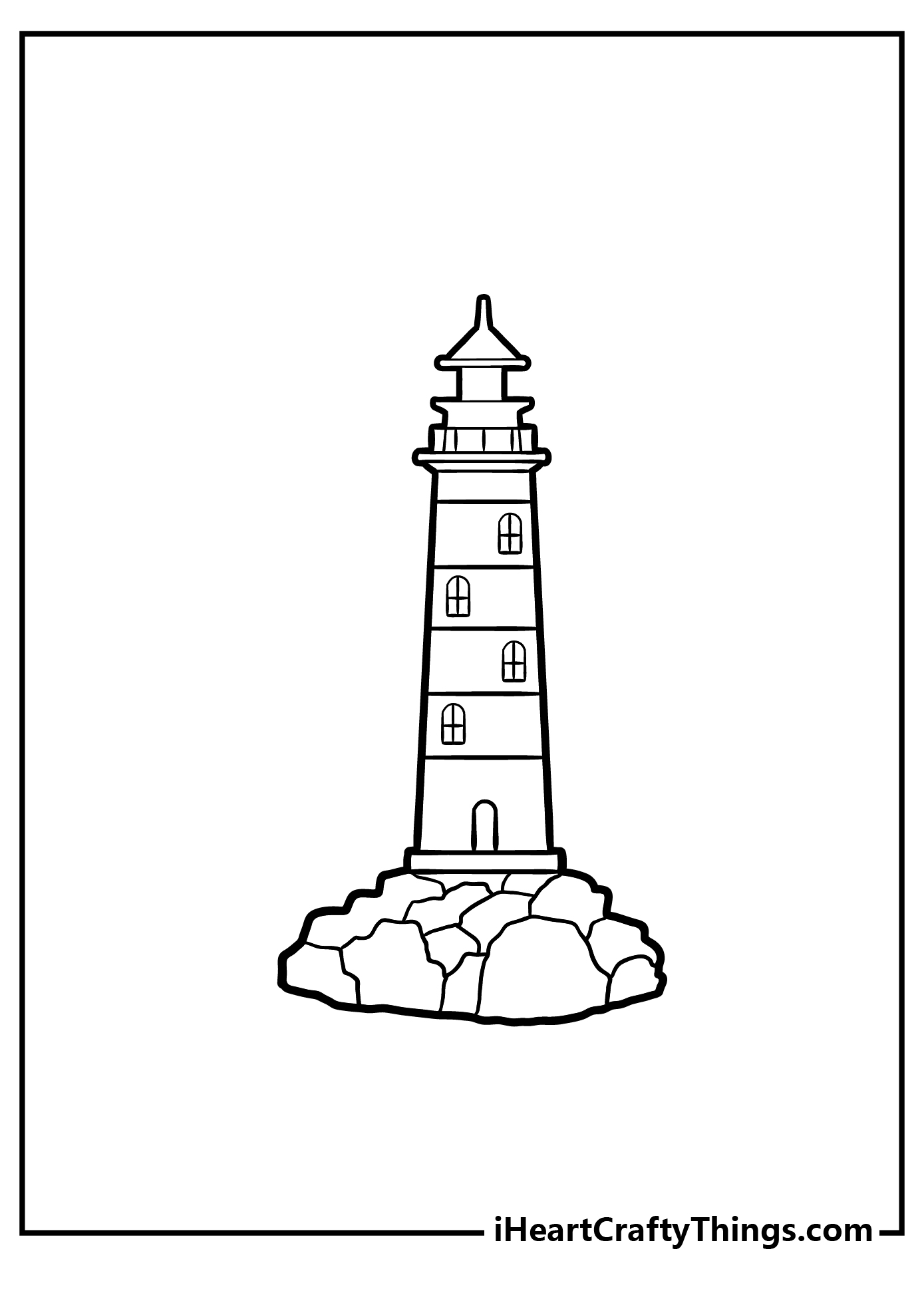 Black-and-white image of a lighthouse on a rocky base with a surface decorated in several sections