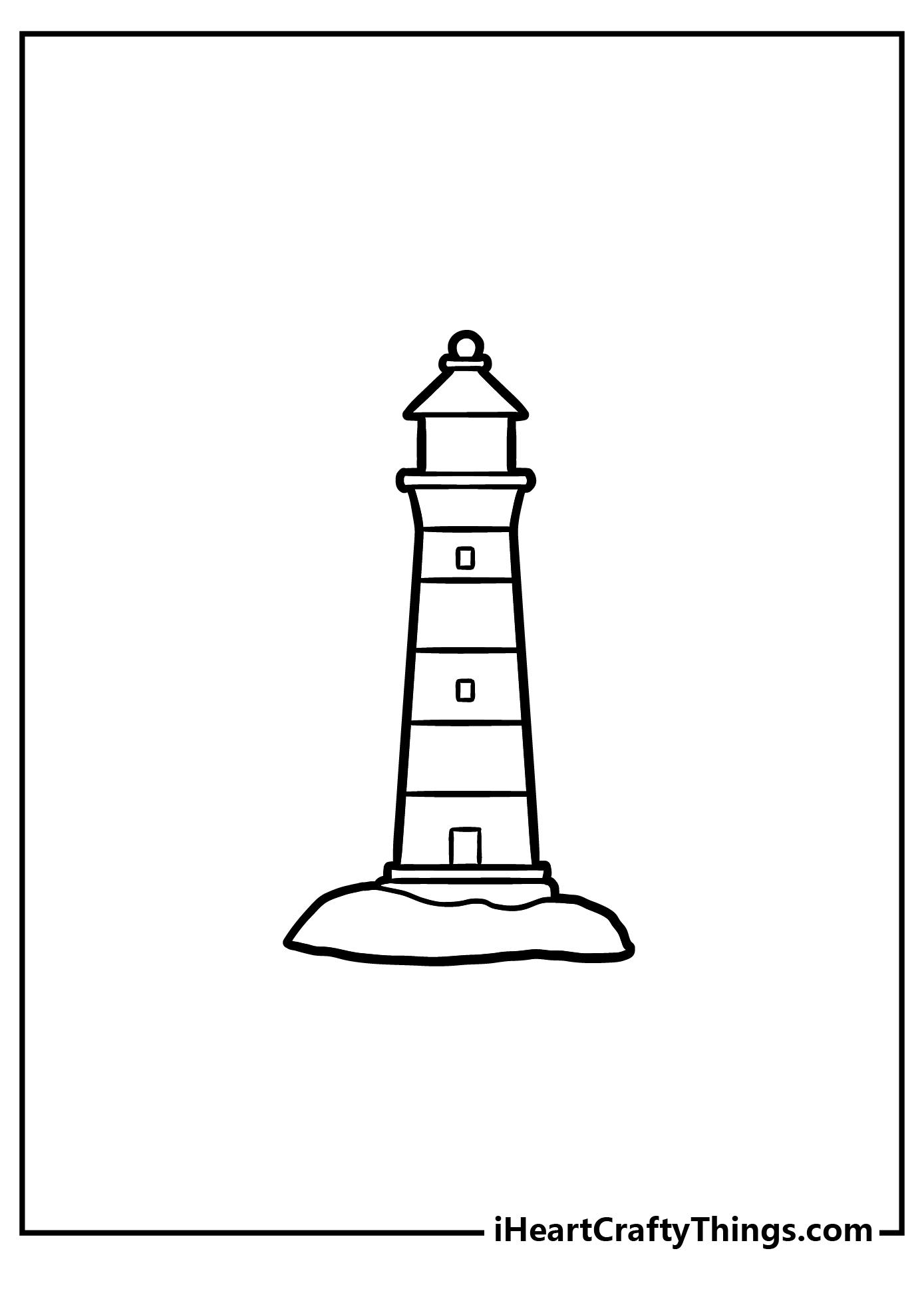 Printable coloring page with a simple drawing of a lighthouse with two windows based on the rock