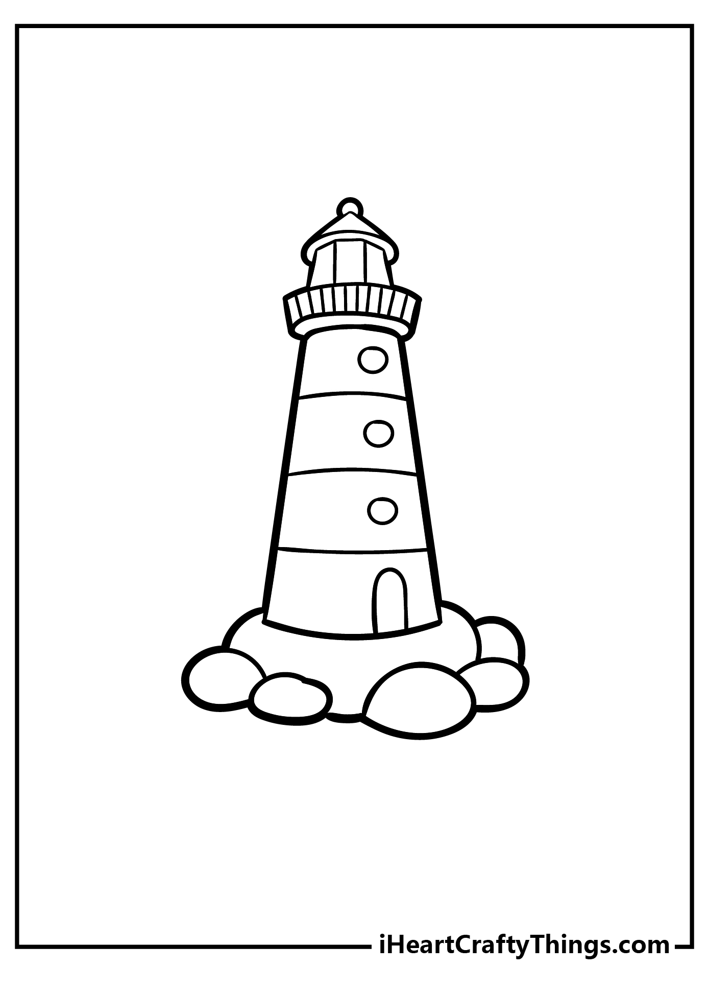 Coloring sheet for children of a lighthouse with rounded windows and rocks surrounding it