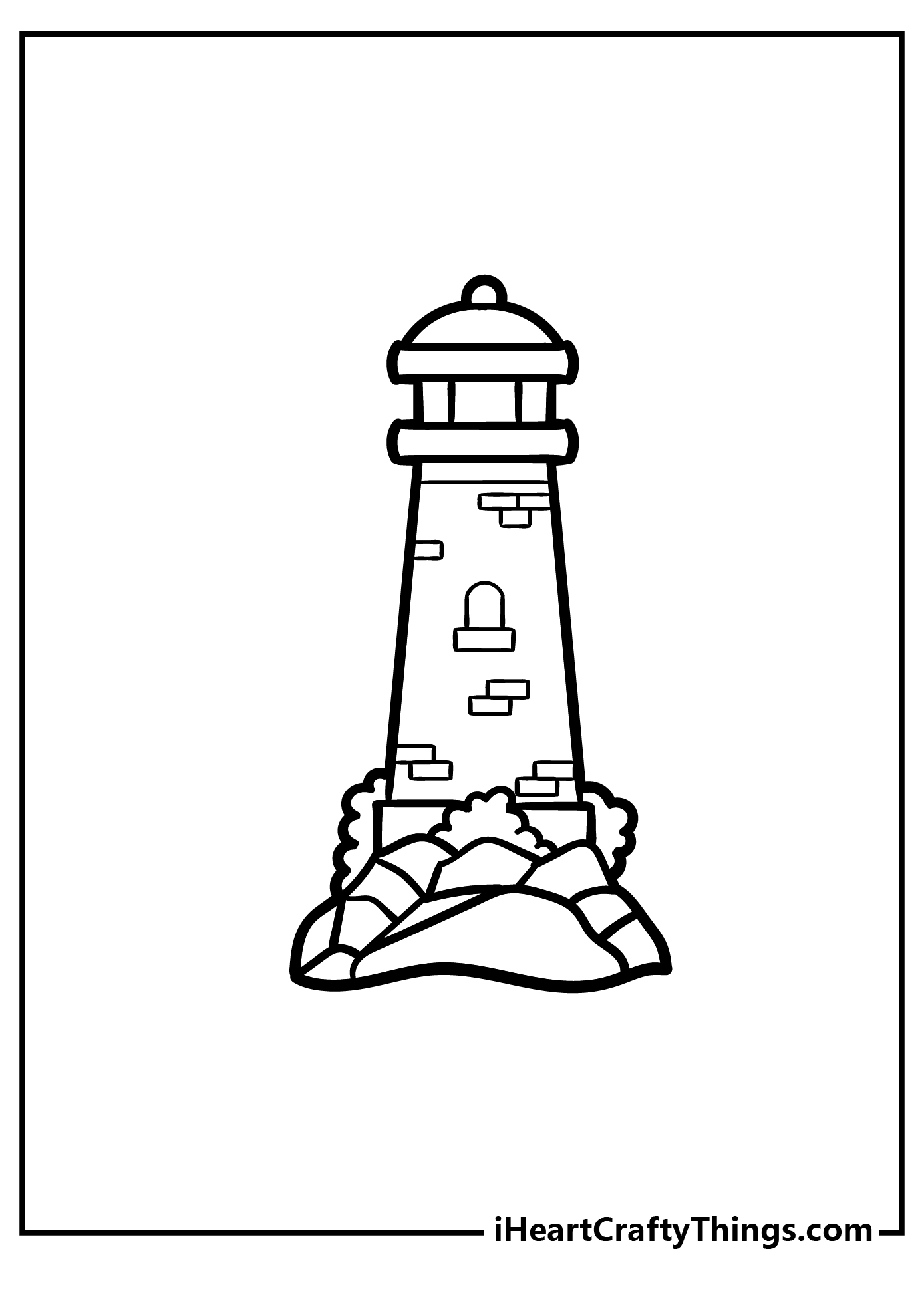 Detailed printable coloring sheet featuring lighthouse with a brick wall based on rocks