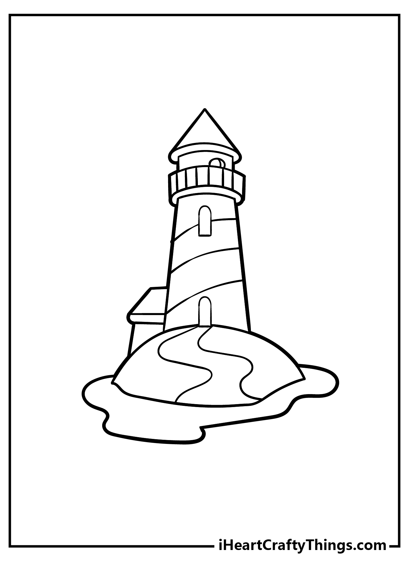 Detailed drawing of a lighthouse with twisty pathway leading up the base and to the front door
