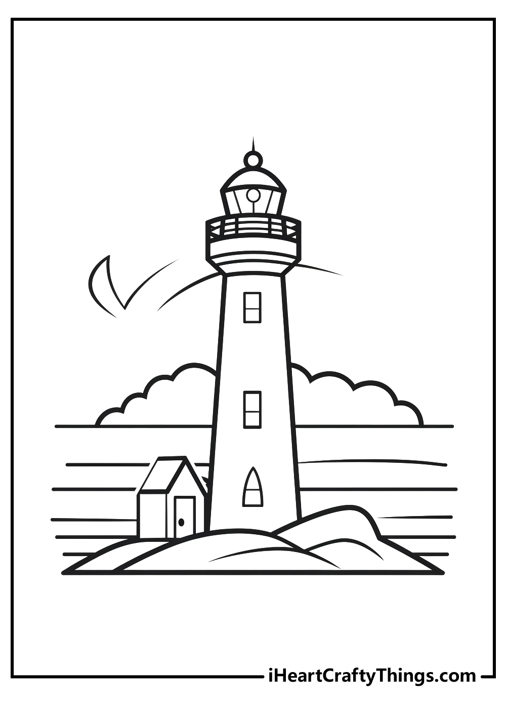 Black-and-white drawing of a tall lighthouse on a small island with water and greenery in the background