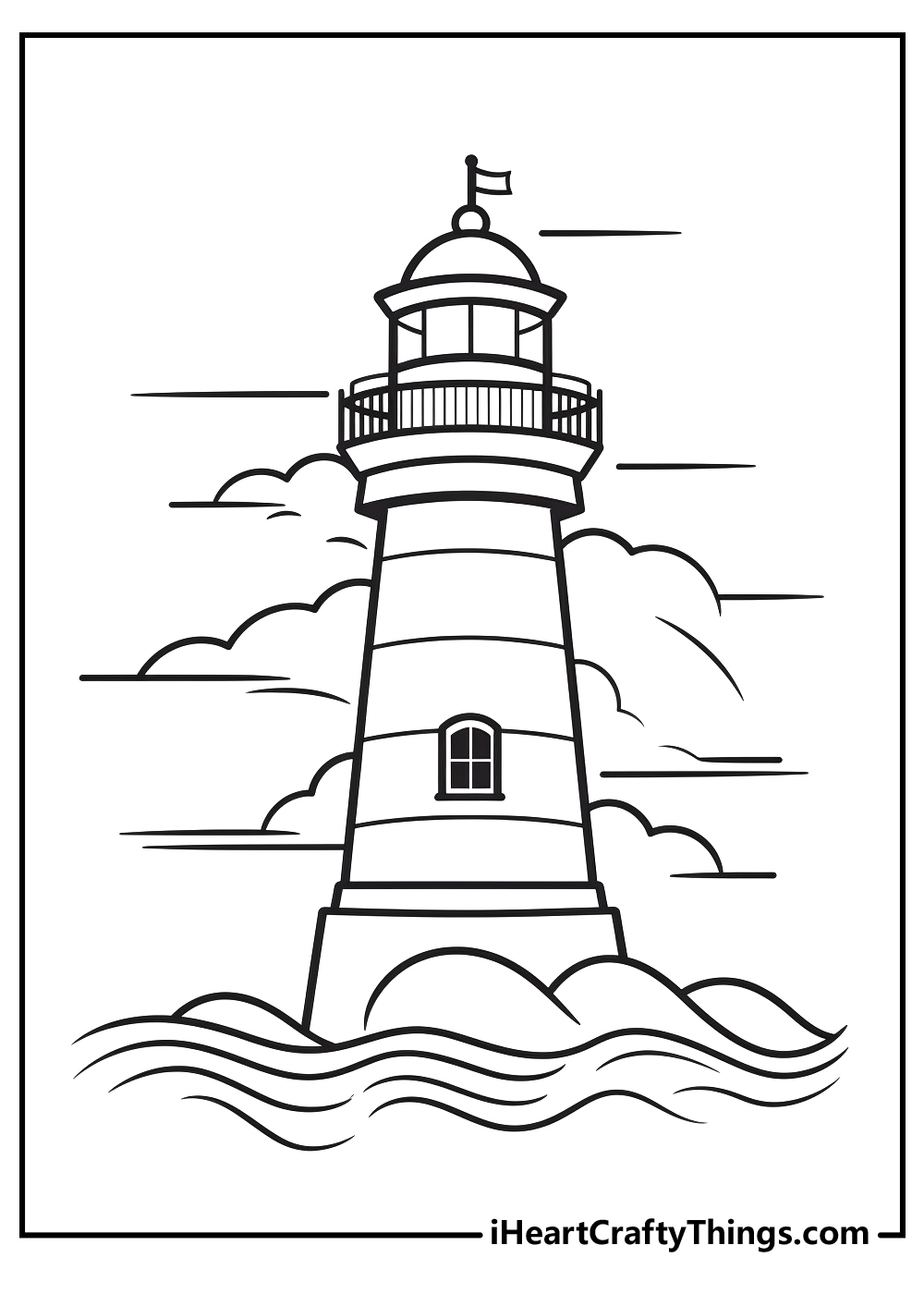 Detailed coloring page featuring tall lighthouse on the rocks surrounded by stormy water