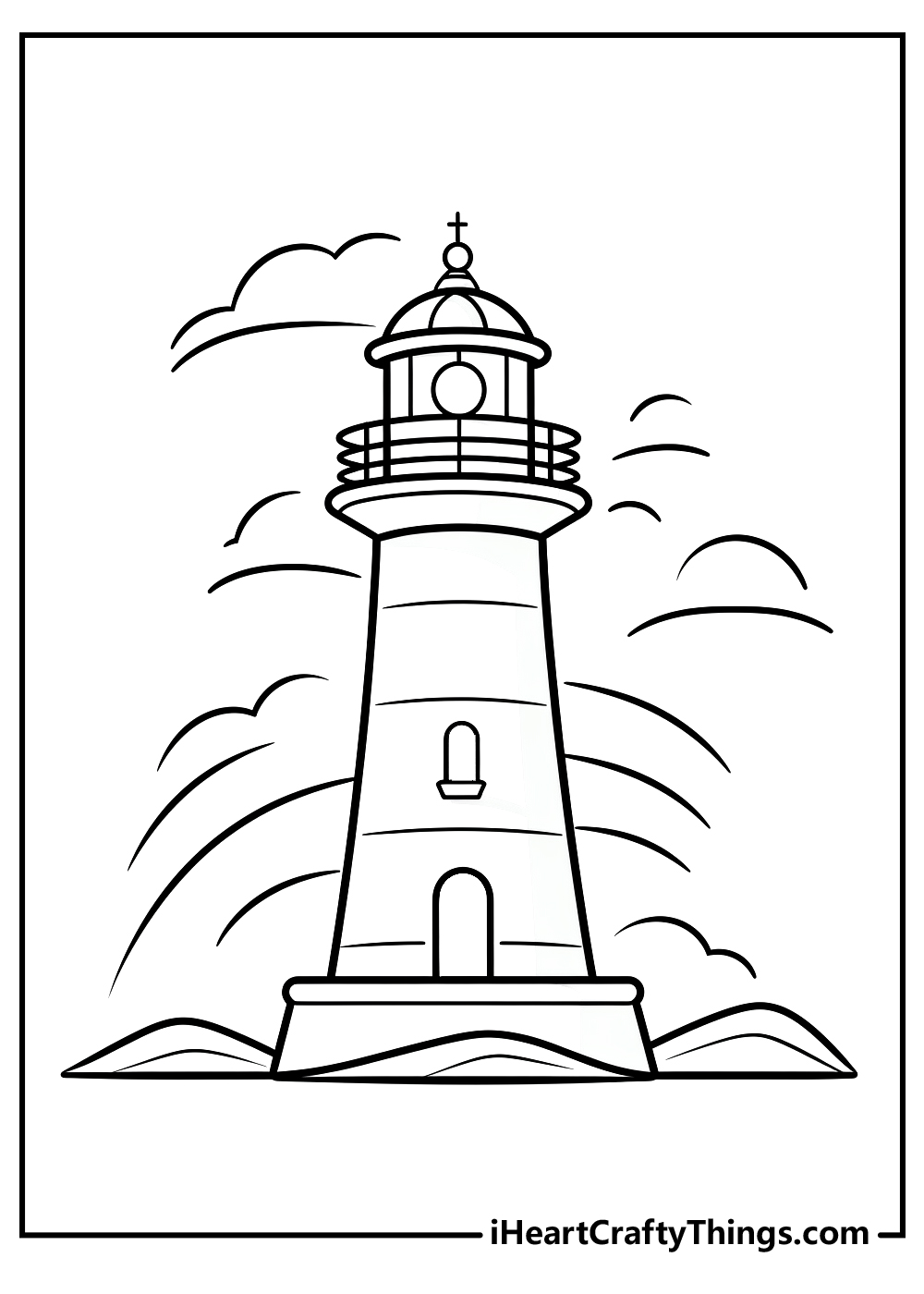 Coloring page of a traditional lighthouse with an observation deck and some land at the base