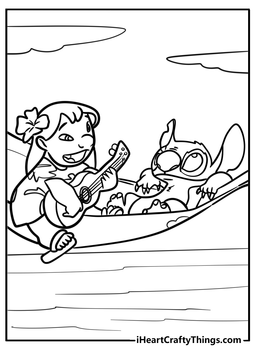 Lilo playing guitar while stitch listens coloring page