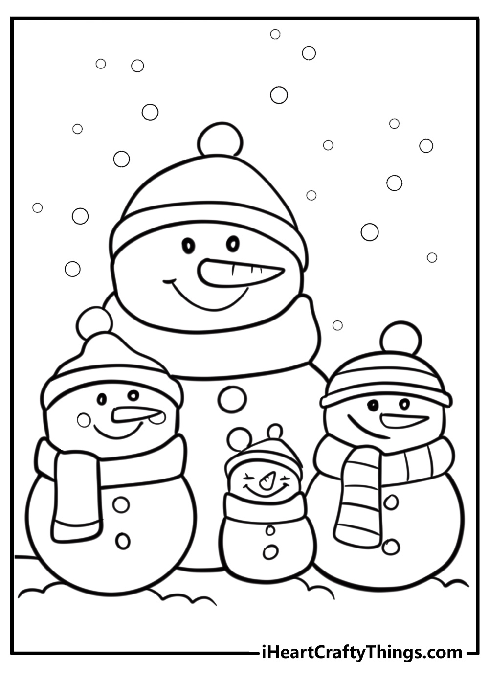 Snowman family with hats and scarves detailed coloring sheet