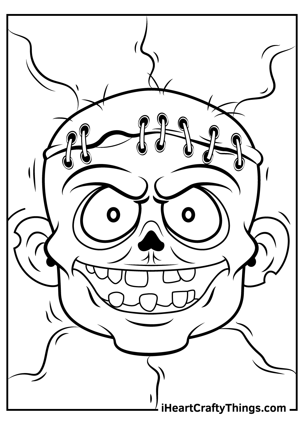 Coloring page for adults of a smiling zombie face with happy eyes, large stitches and most of the teeth lost