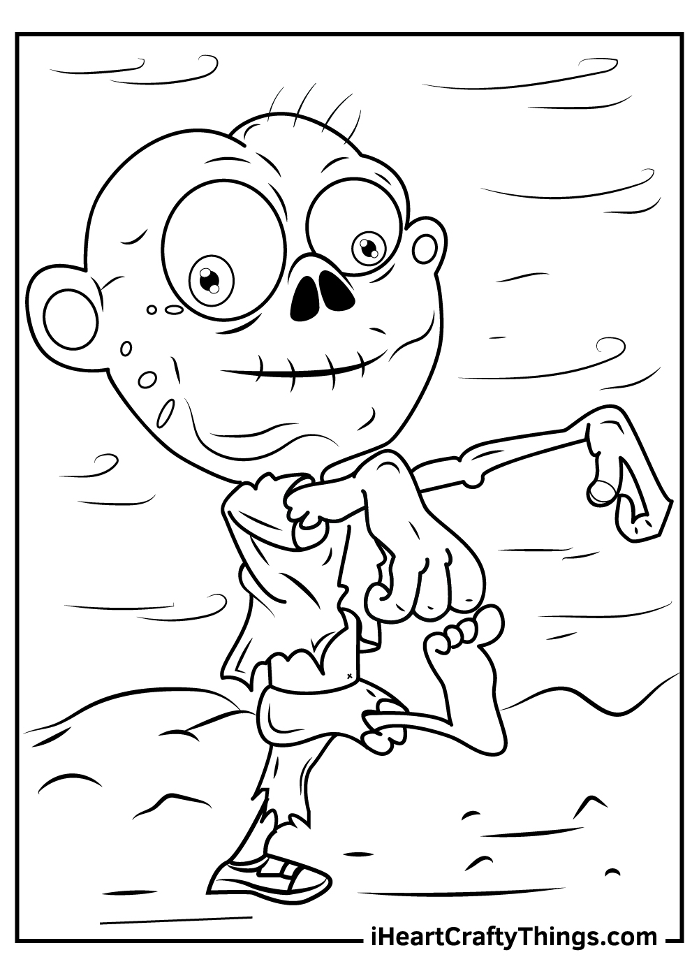 Printable picture featuring a bald smiling zombie wearing tattered clothes walking with its arms out